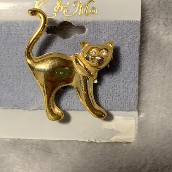 Cat Brooch‎ Gold Toned Crystal/Glass Eyes - Picture 3 of 4